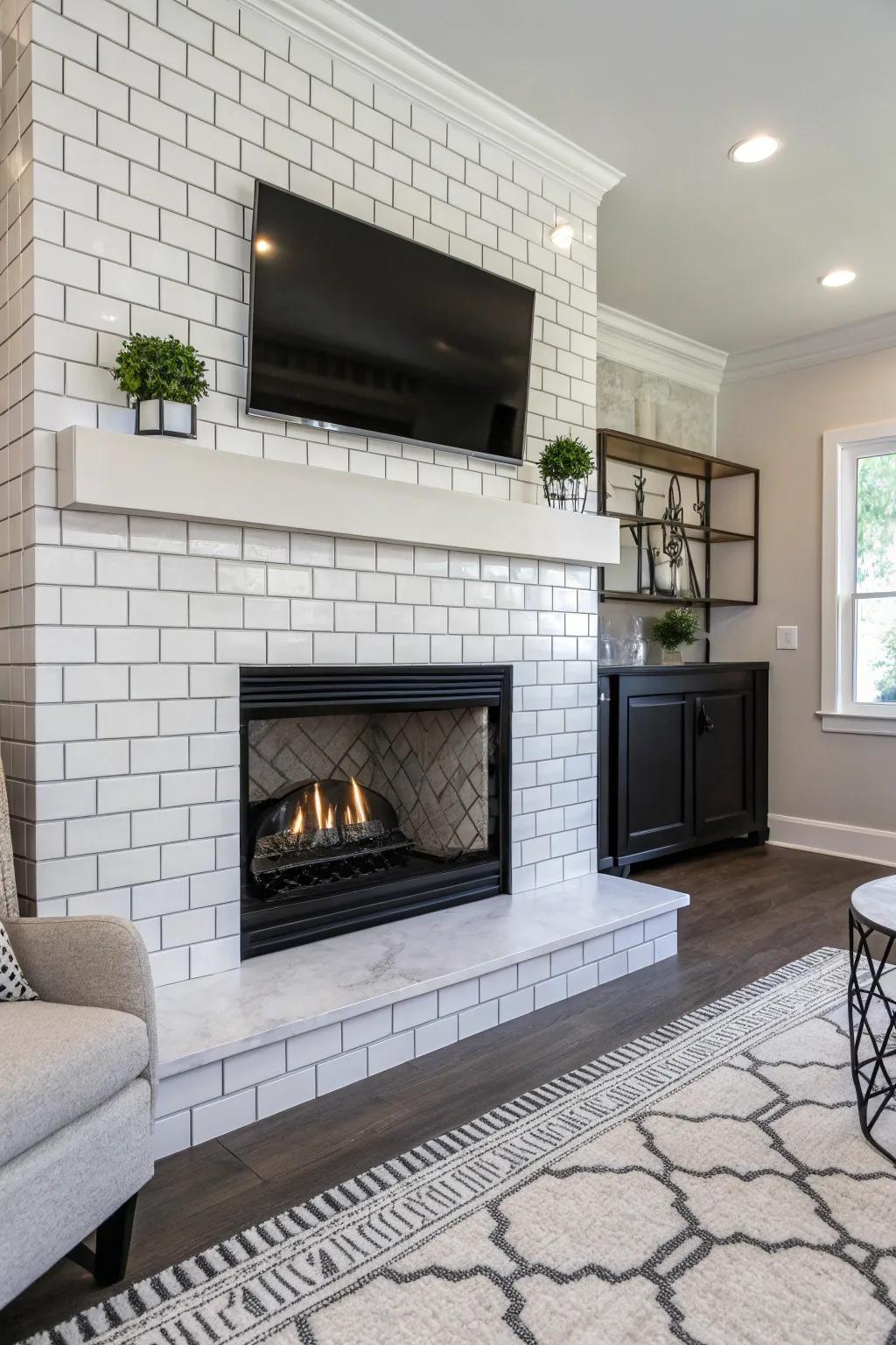 Monochrome subway tiles offer timeless sophistication to any fireplace.