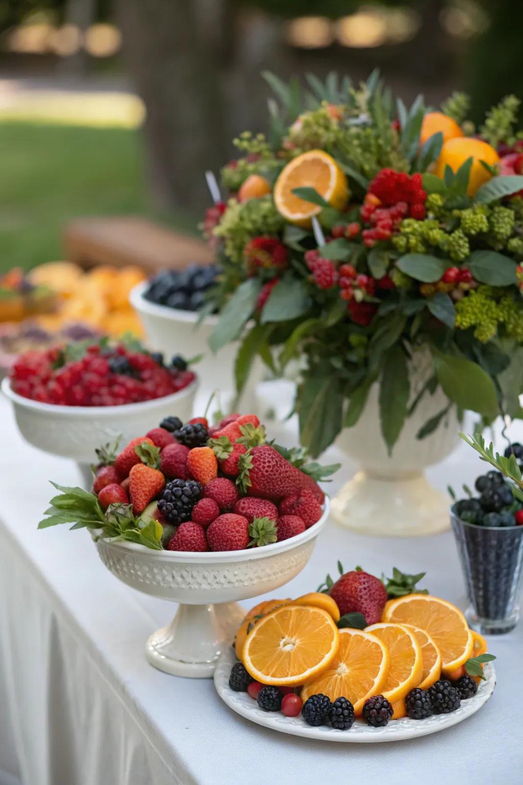 A table featuring centerpieces made from seasonal fruits.