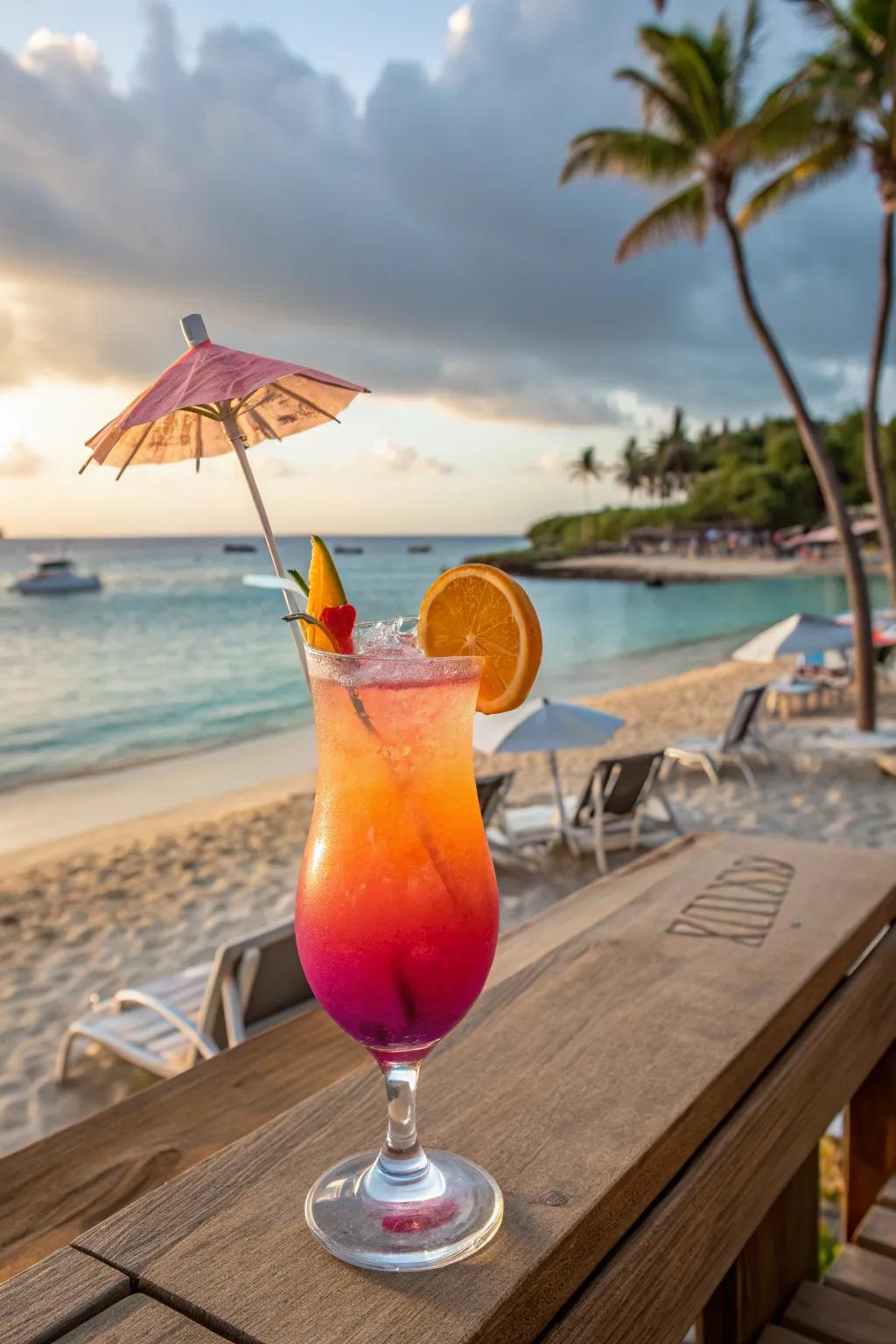 A signature cocktail reflecting sunset hues at a beachside bar.