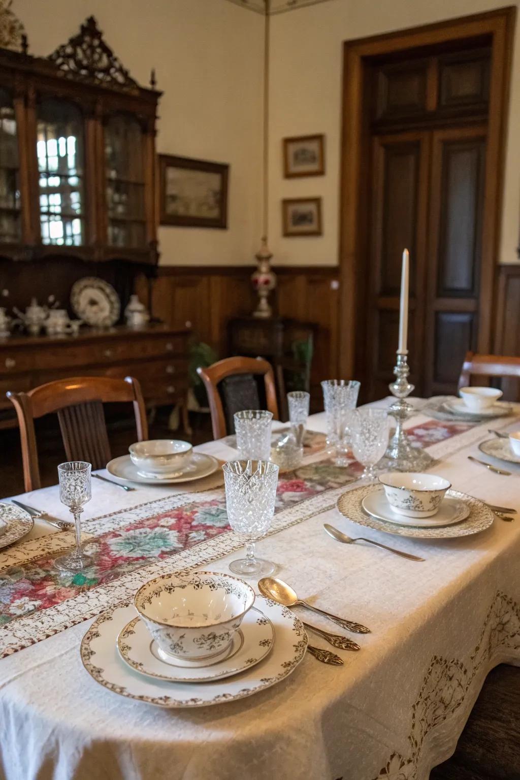 A vintage table setting with antique tableware and linens.