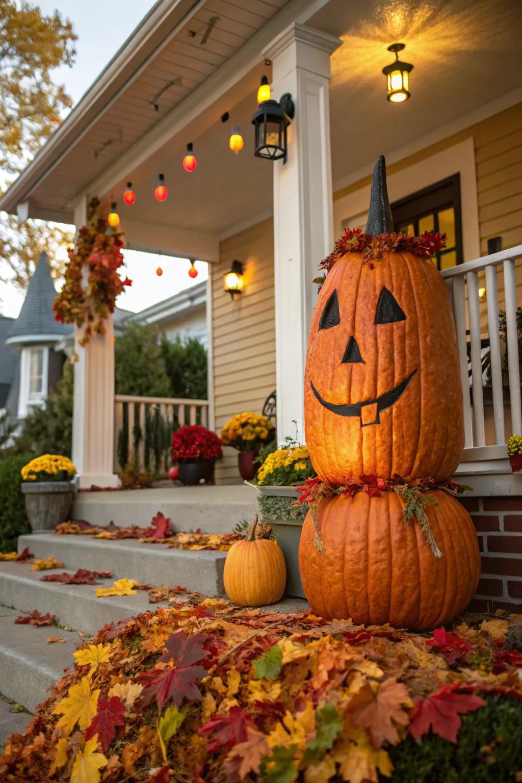 Welcome visitors with a friendly colossus pumpkin face that brings smiles to all.