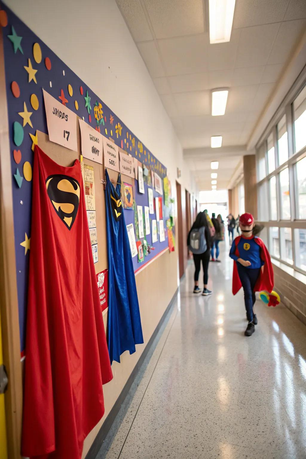 Superhero-themed board celebrating teachers' superpowers.