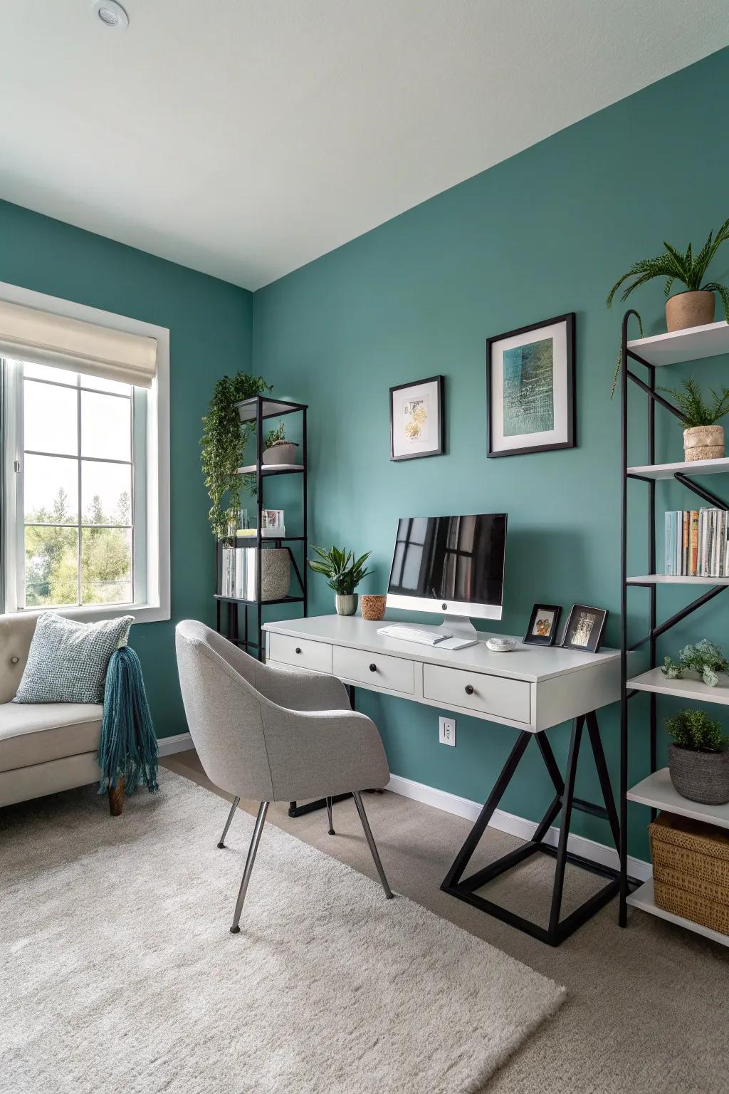 Creative and focused home office with teal walls.