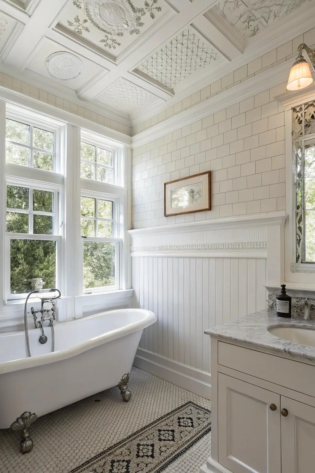 A white bathroom featuring refined wall paneling that adds texture and architectural interest.