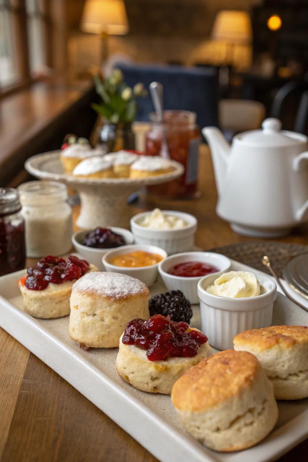 An enjoyable scone station using an array of toppings for personalization.