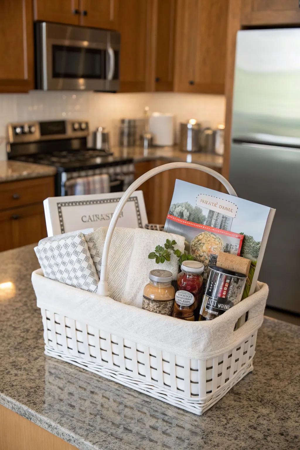 A kitchen connoisseur's white gift basket for culinary enthusiasts.