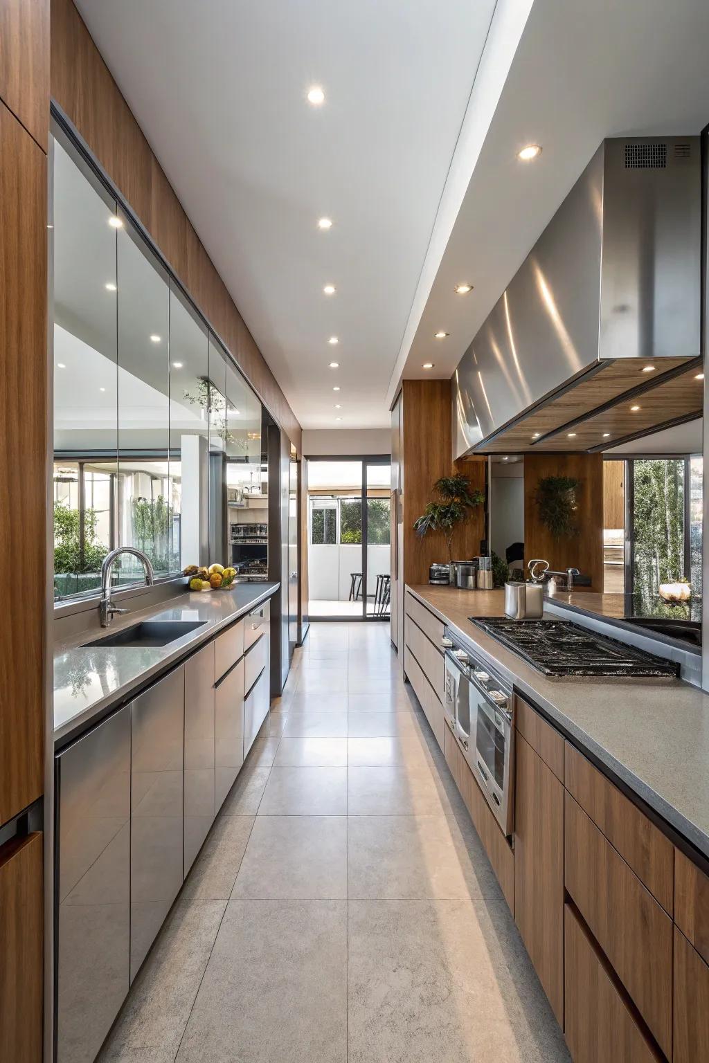 Mirrors conjuring an apparition of extra room in a wide galley kitchen.