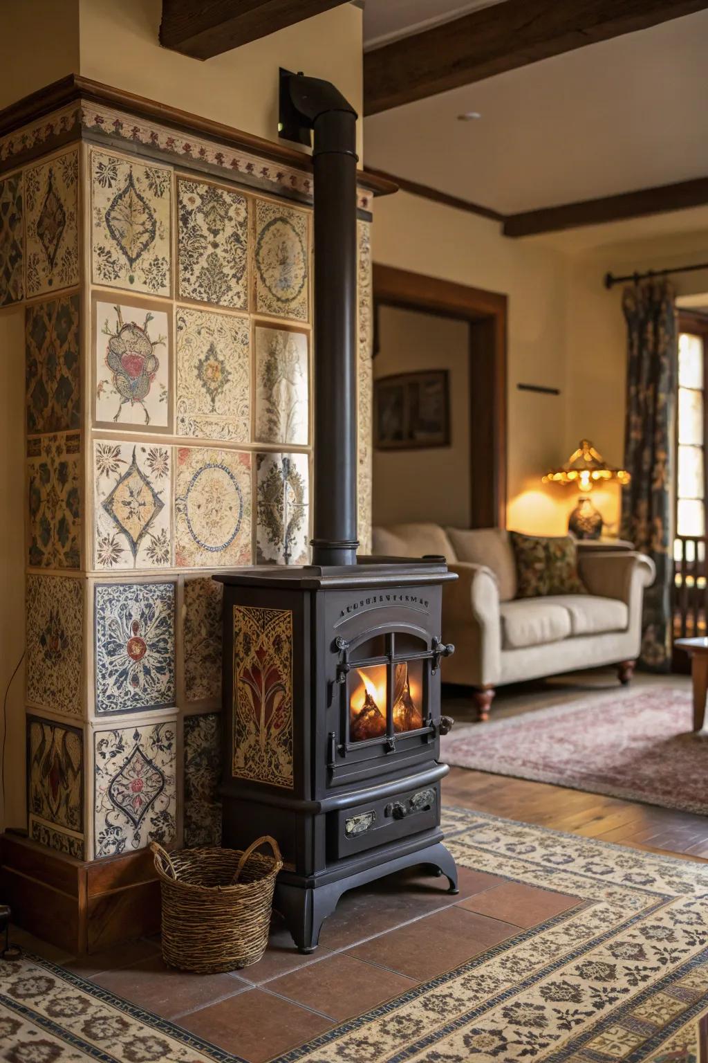 Victorian-style tiles include classic attraction to any wood heater surround.