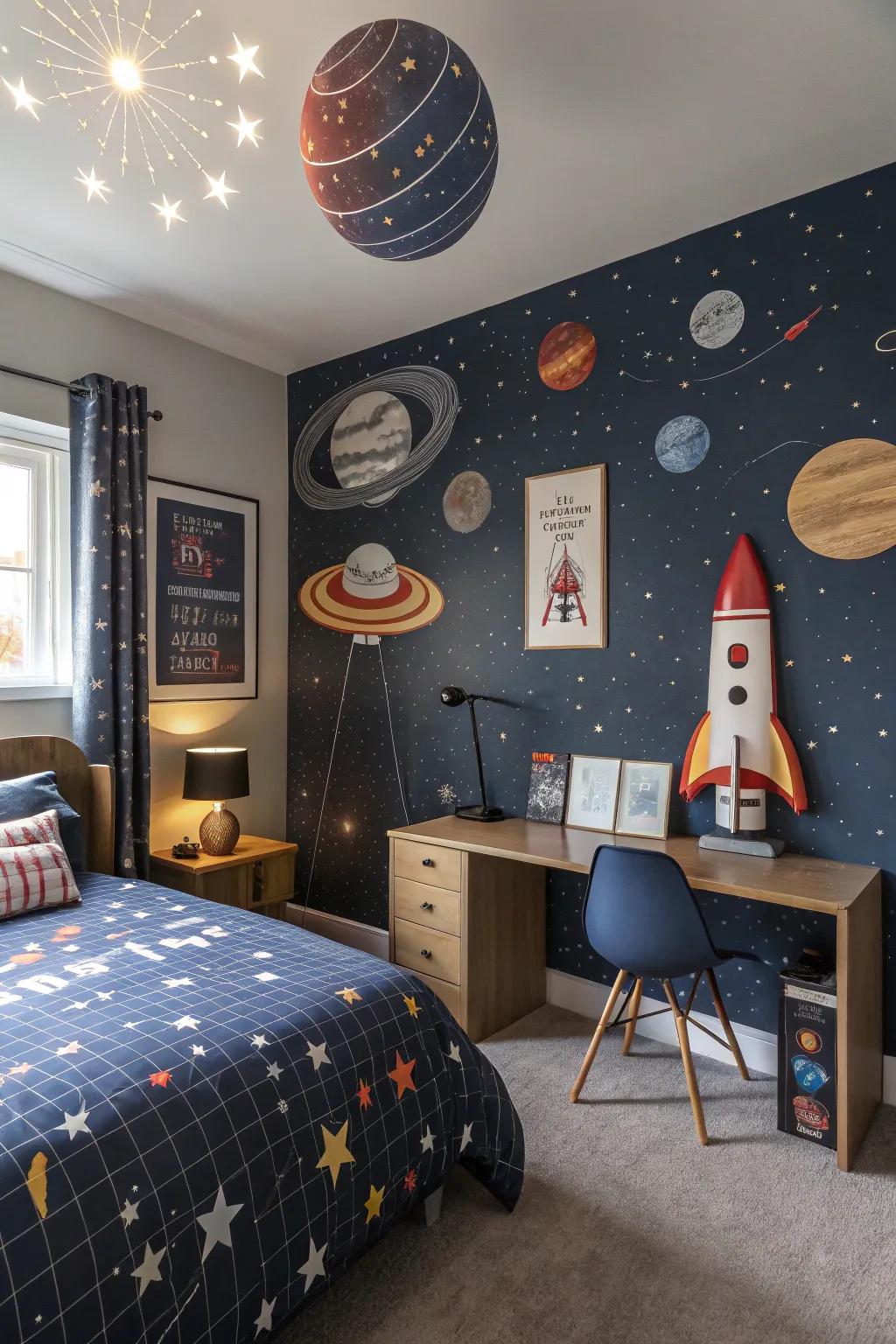 A space-themed room takes a child on an intergalactic adventure.