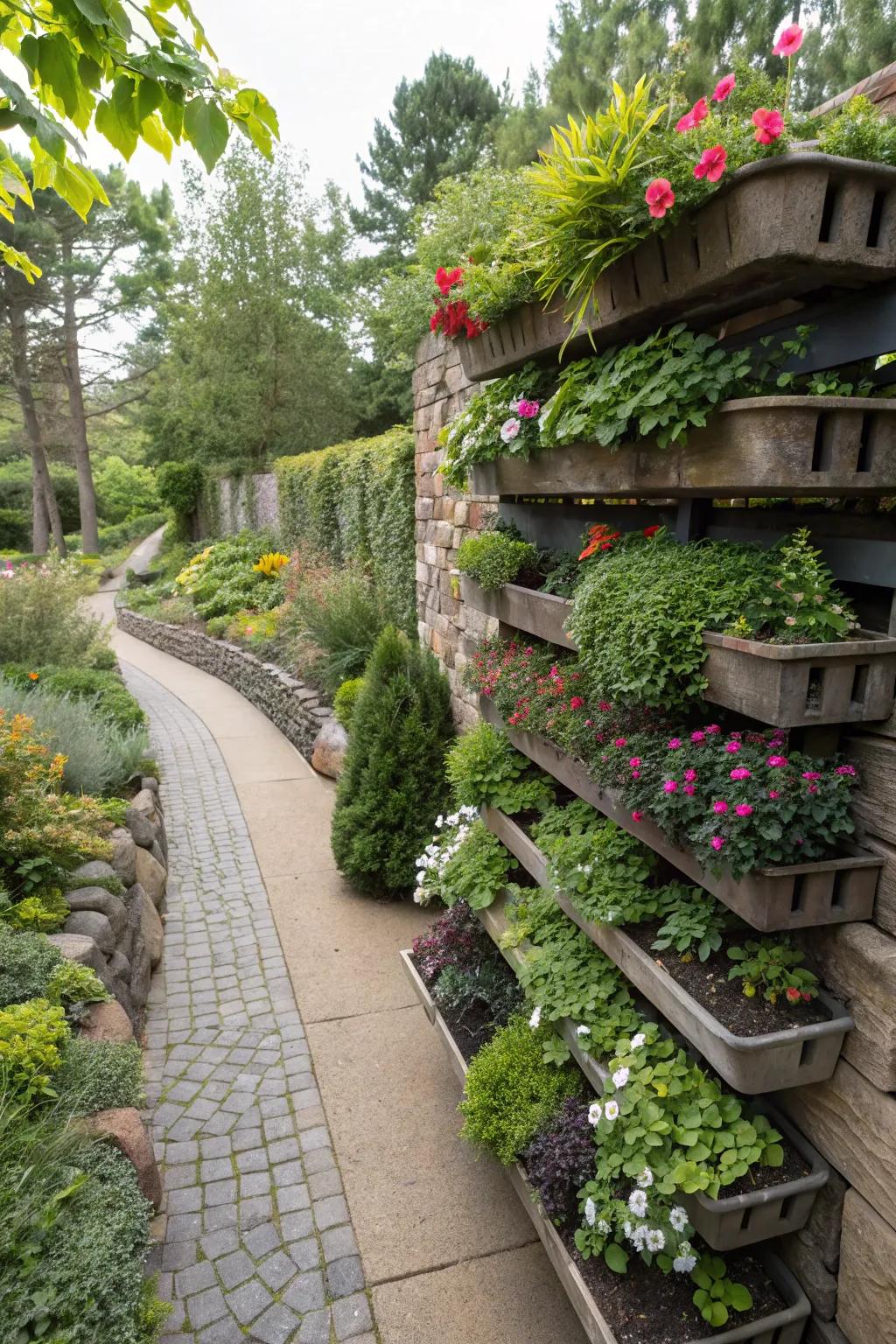 A striking living wall with vertical alpine planters.