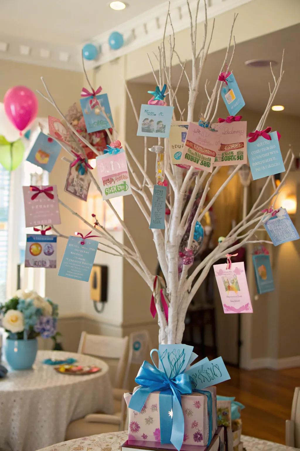 A gift card tree with various cards hanging.