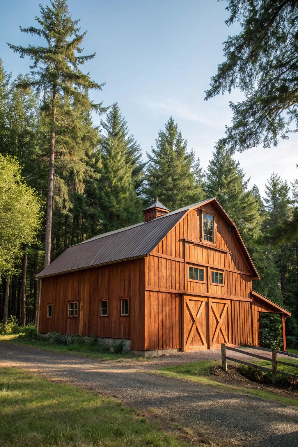 A cedar-stained barn that radiates warmth and natural beauty.