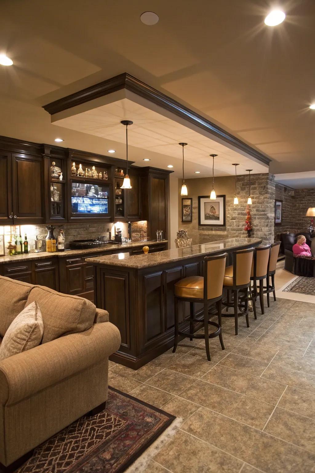 A sleek basement wet bar designed for entertaining.