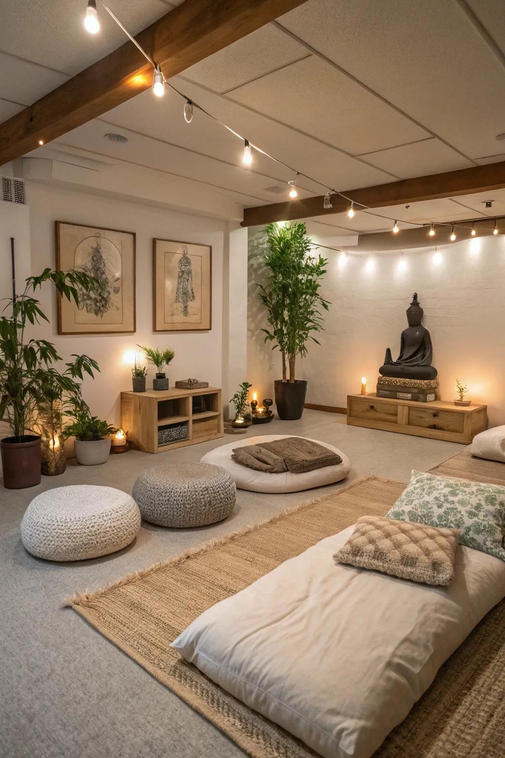 A peaceful meditation space in the basement with calming decor and comfortable seating.