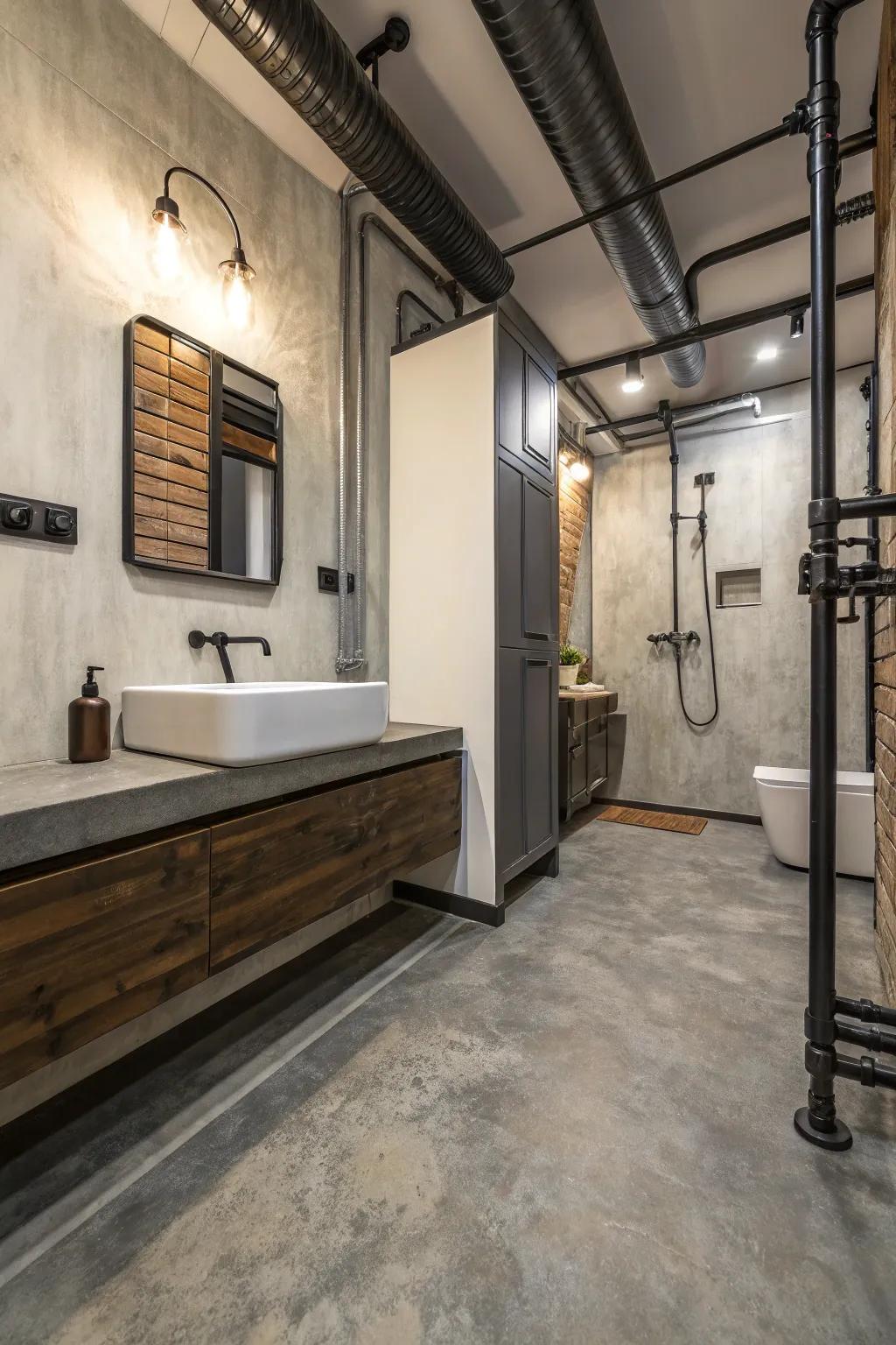 Concrete-look vinyl flooring adds an industrial edge to this modern bathroom.