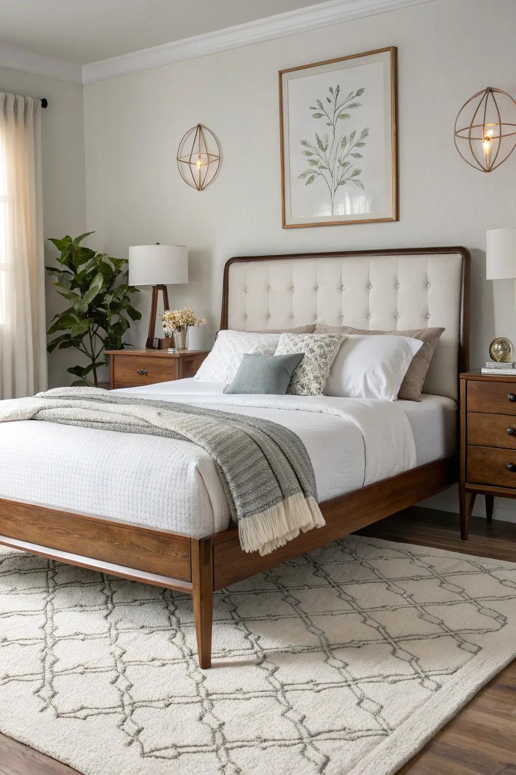 A mid-century modern bed frame offers a blend of classic and contemporary design.