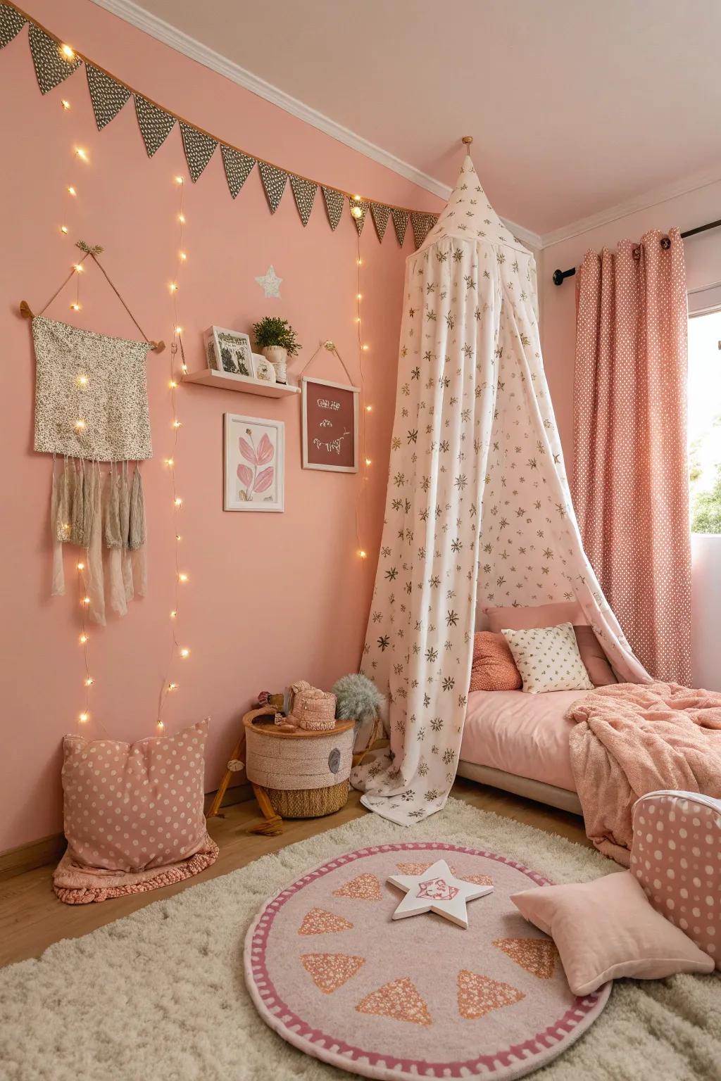 A playful sleeping quarter featuring peach pink walls that merge youthful charm with grace.