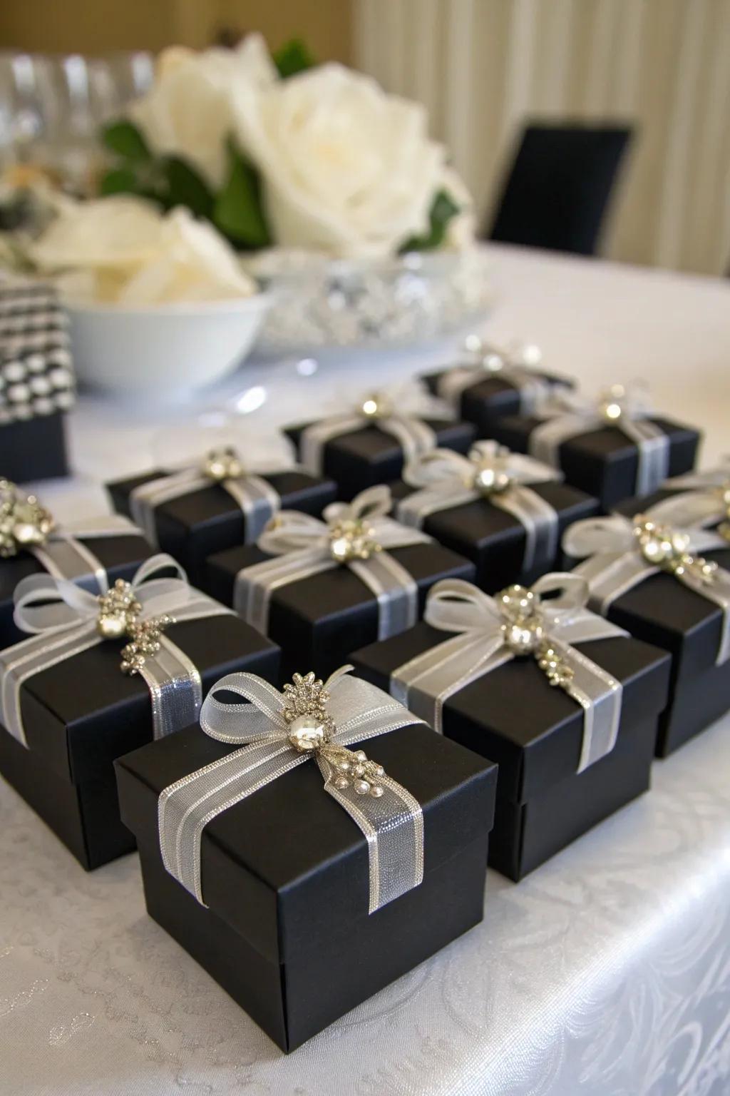 Sophisticated wedding favor boxes in black and silver.