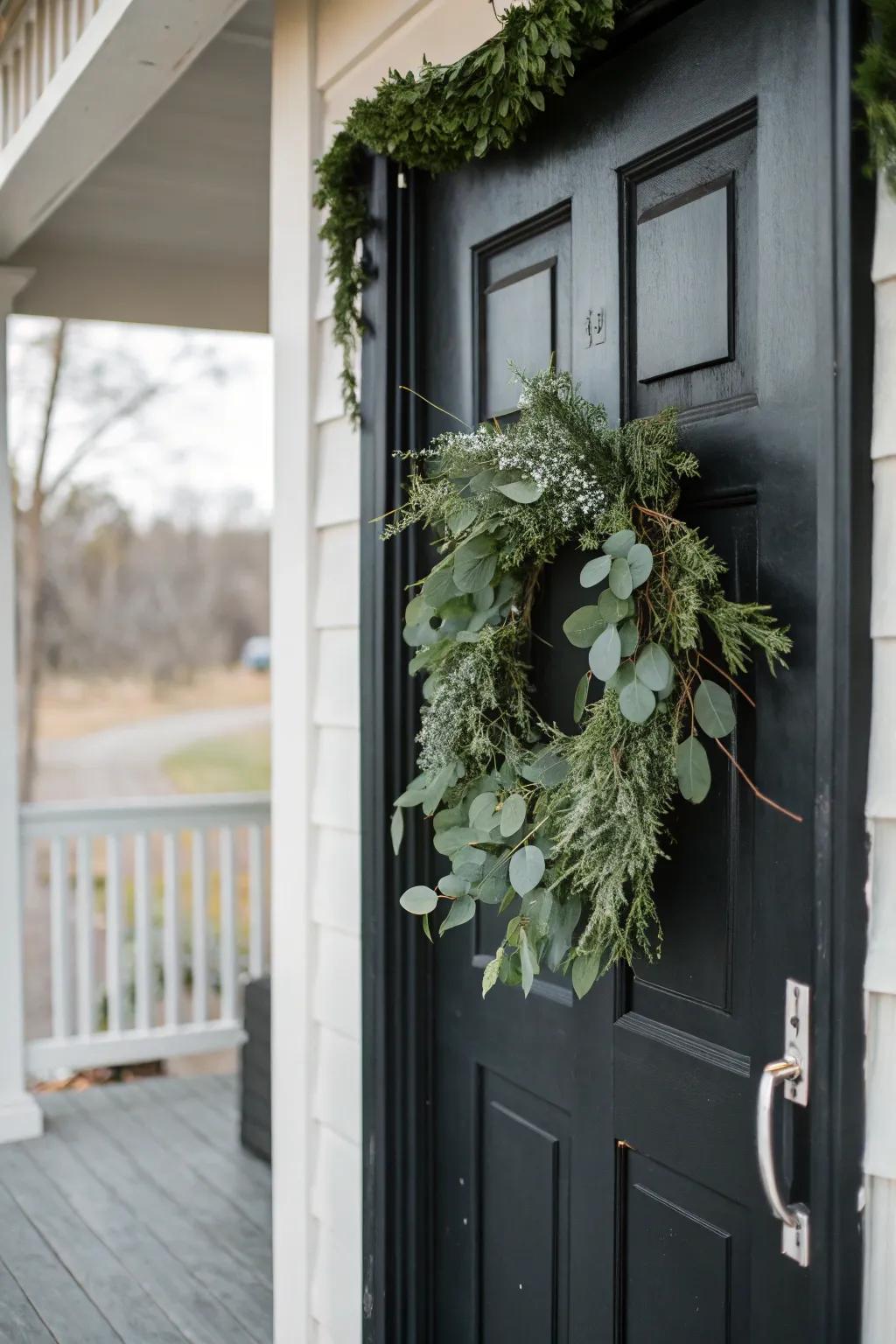 A fresh eucalyptus wreath adorning the door of a black porch.