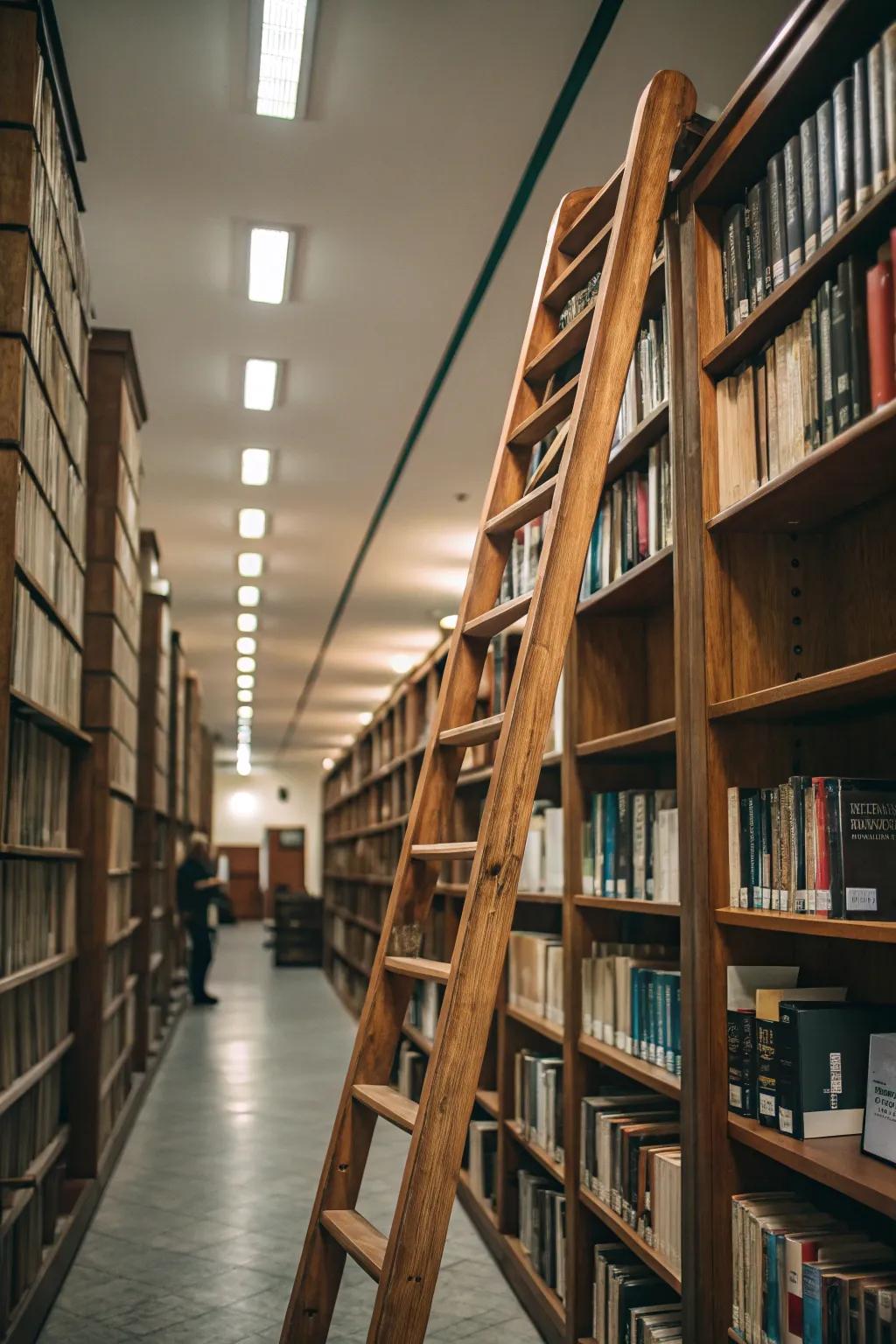 A library ladder adding charm and accessibility to the shelves.