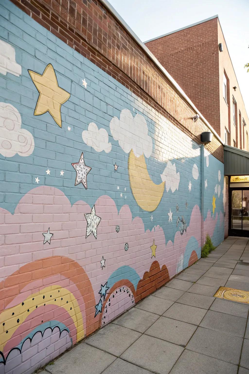 A whimsical nursery mural fosters imagination on a brick wall.