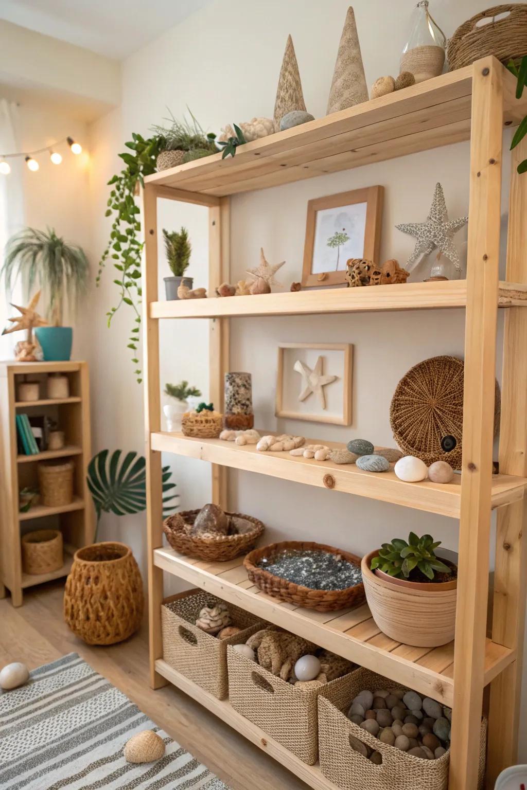 Wooden shelves are natural and eco-friendly.