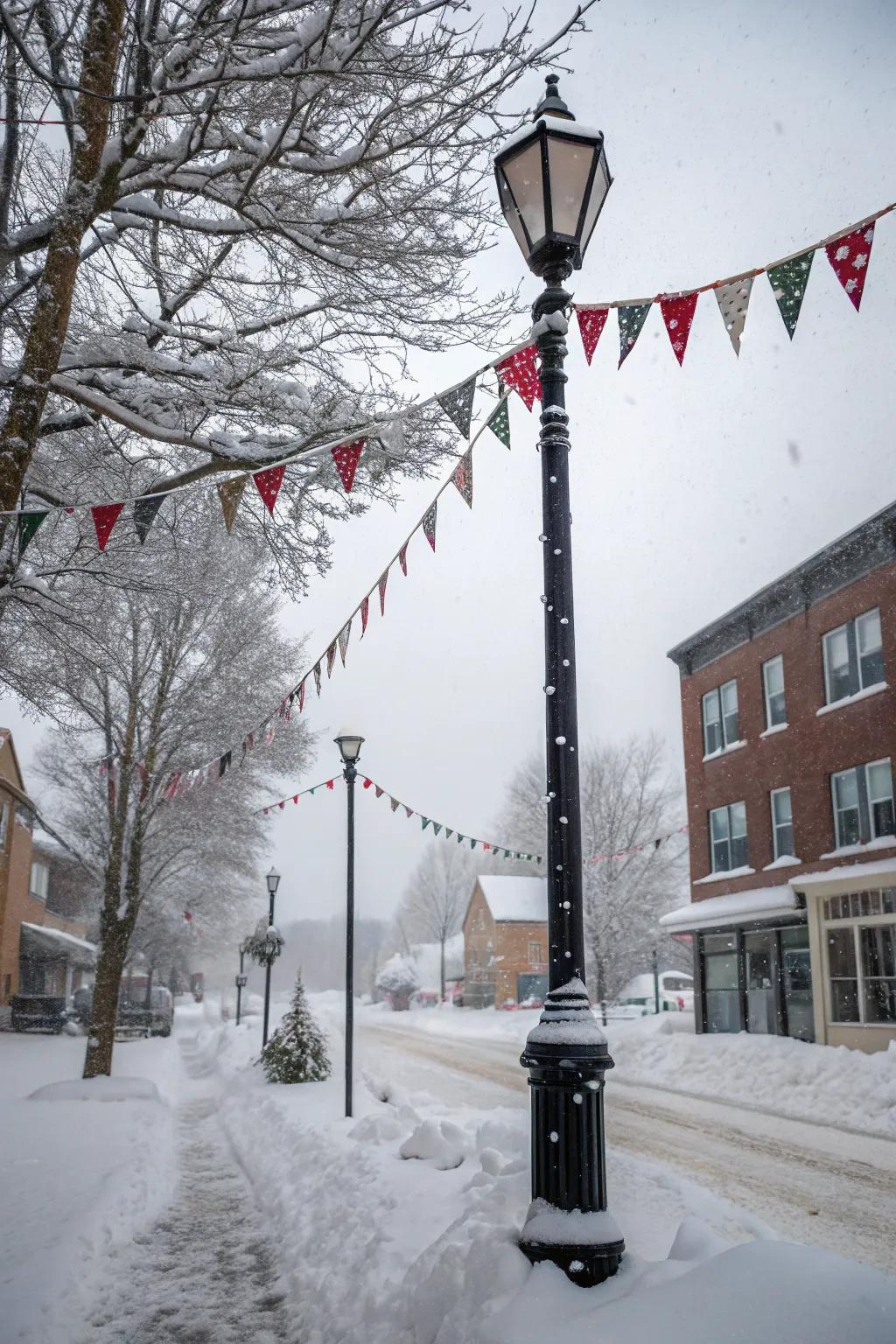 Seasonal banners create a cheerful display on a lamp post.