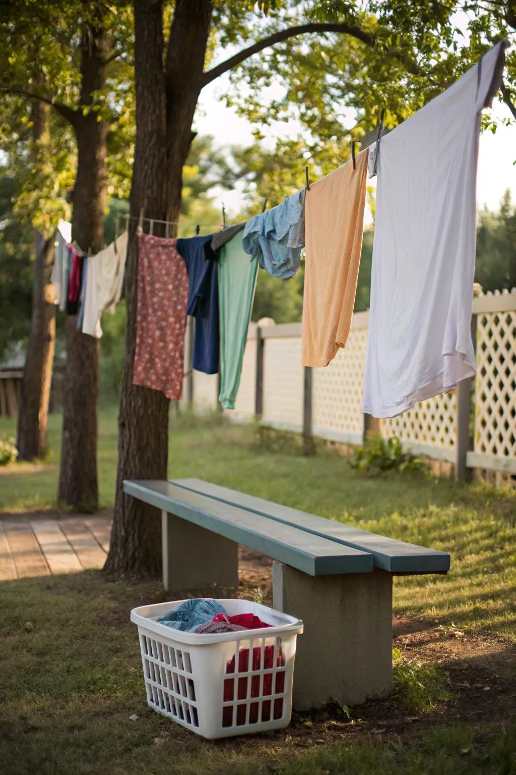 Practical and convenient: a clothesline paired with a built-in bench.