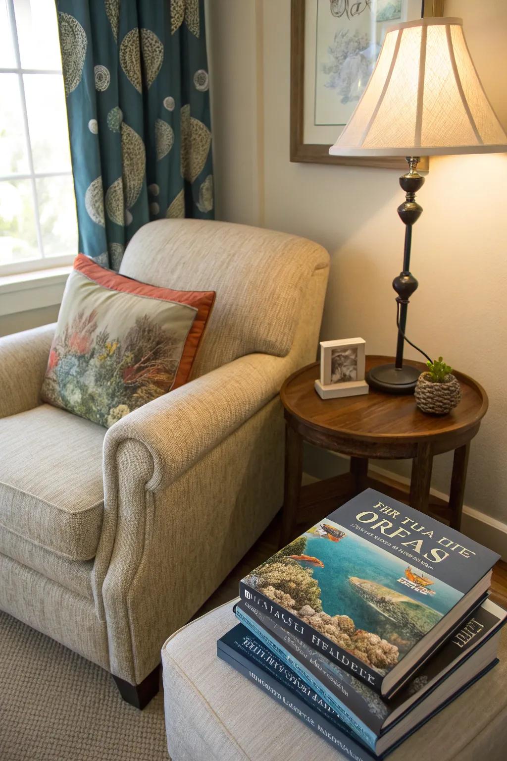 A coastal reading nook perfect for relaxation.