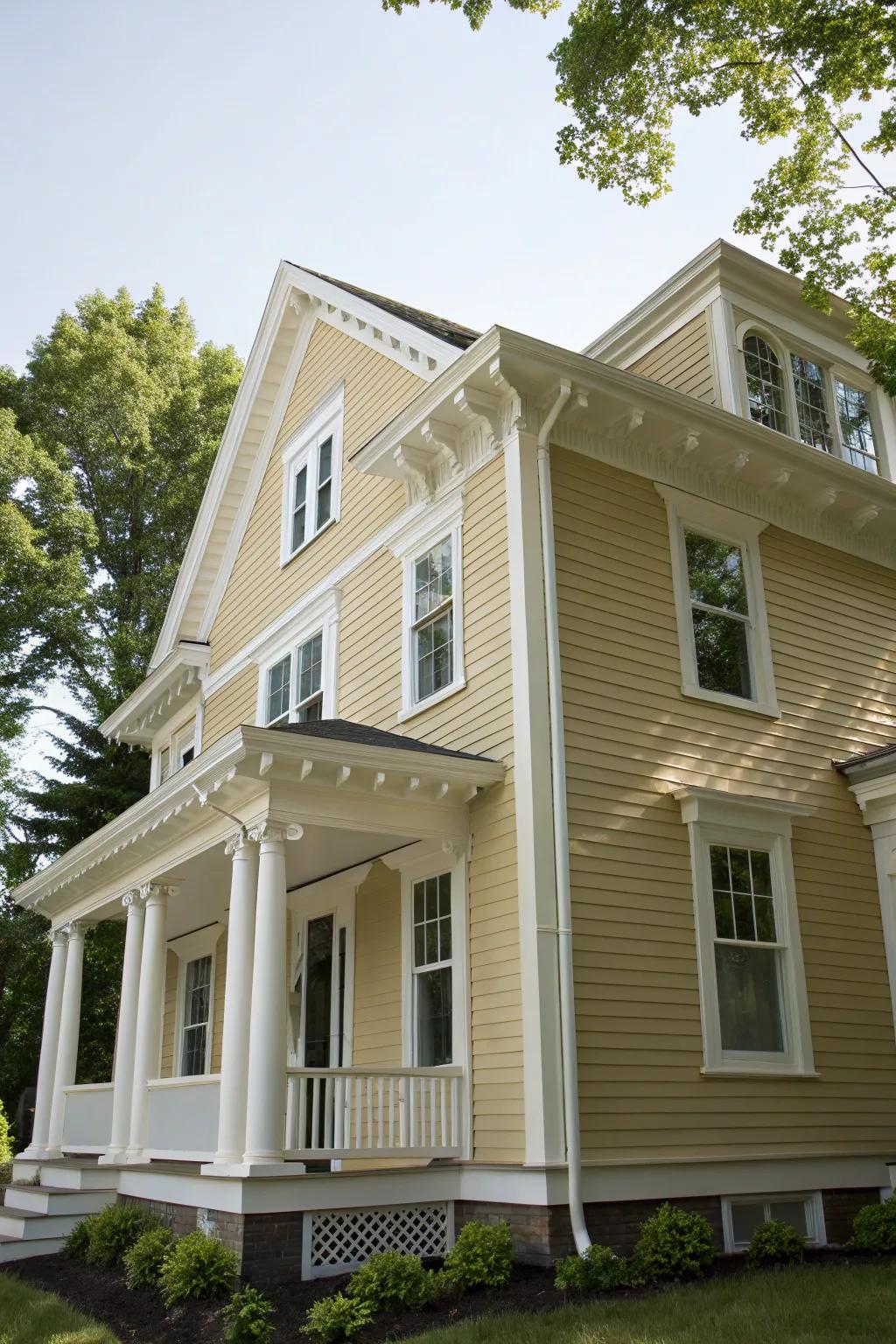 A colonial home displaying intense contrast with its khaki base and ivory trim.