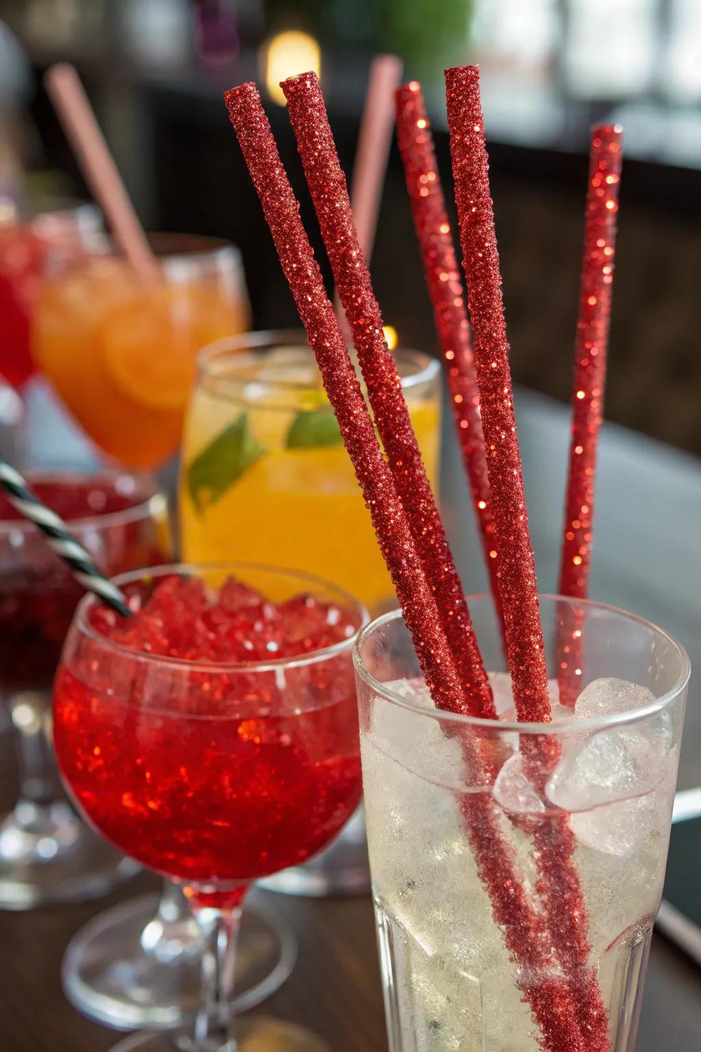 Shimmering ruby sparkle drink wands injecting joy into beverages.
