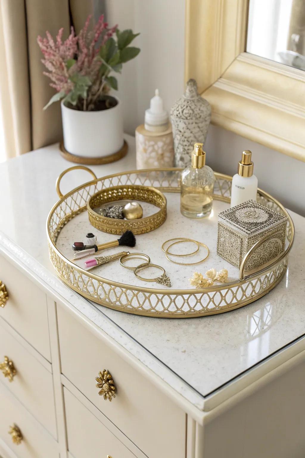 Decorative trays add elegance and functionality to bedroom surfaces.