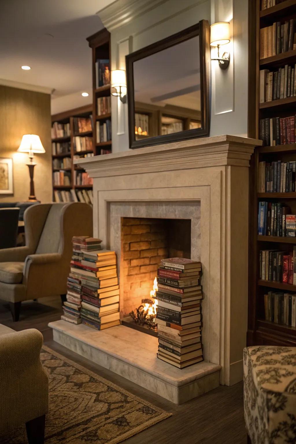 Turn your unused fireplace into a cozy corner for your books.