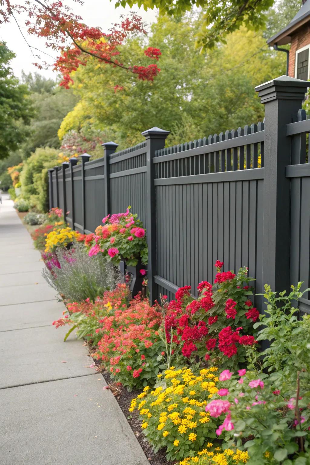 Bright, colorful plants create a stunning contrast with a dark grey fence.