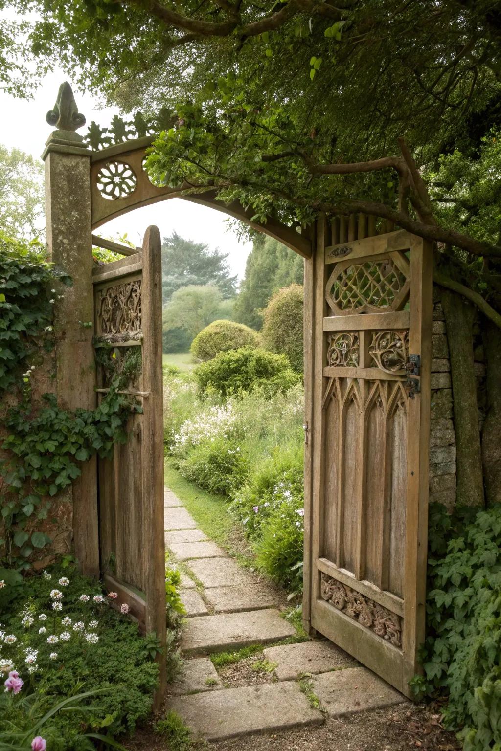 A hidden garden path invites exploration beyond the gate.