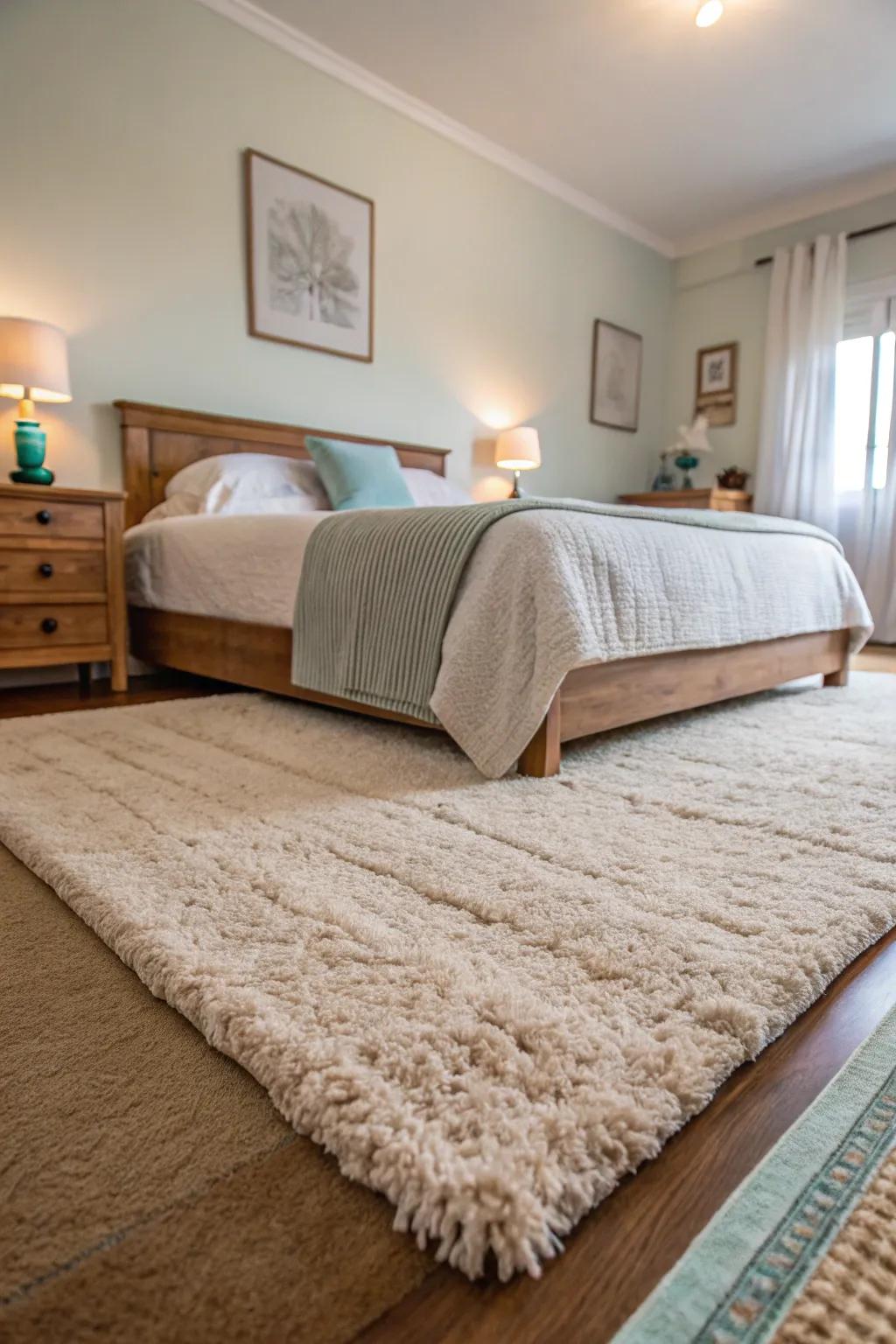 A plush area rug adds comfort and warmth to the bedroom.