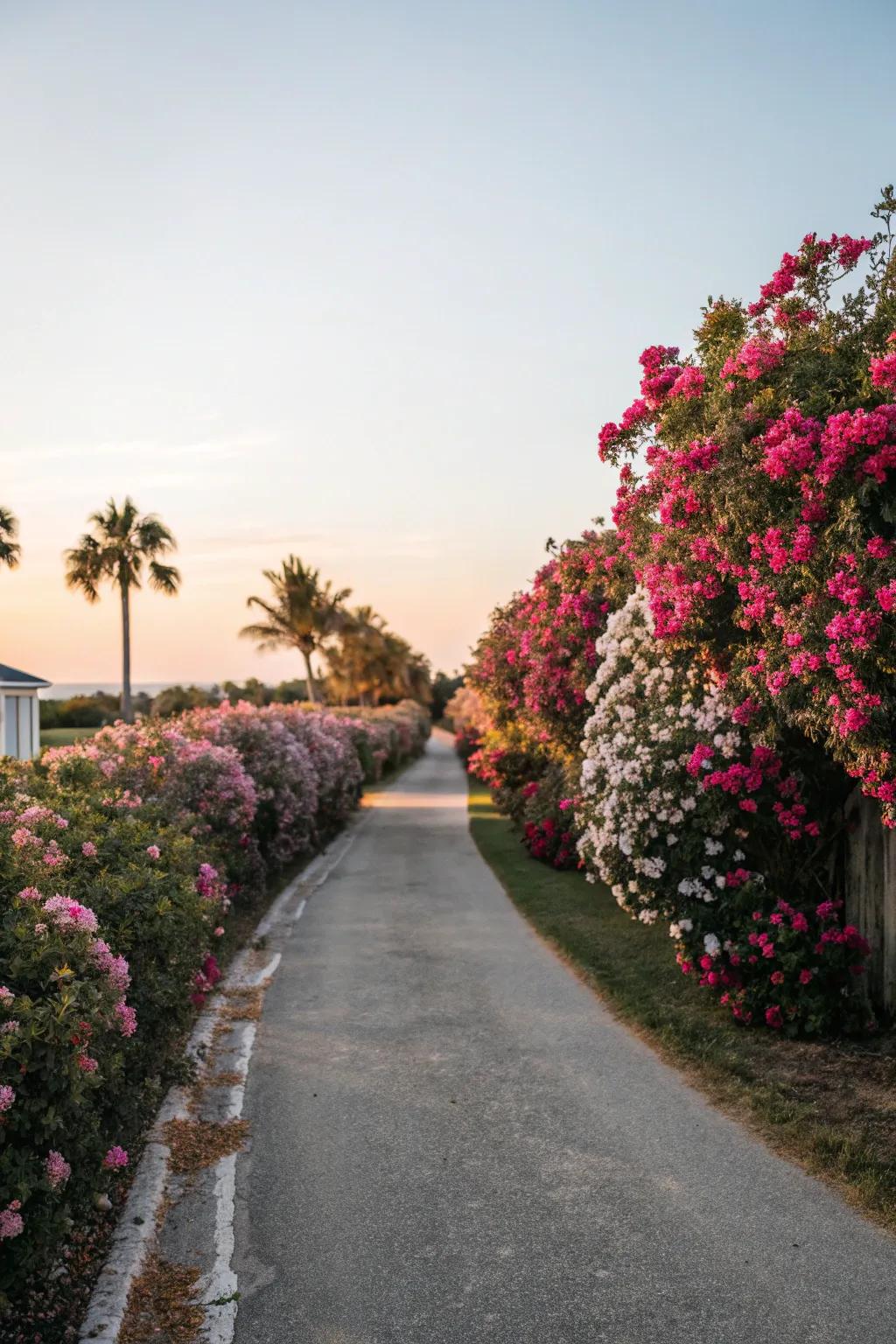 Flowering hedges adding romance and color to a driveway.