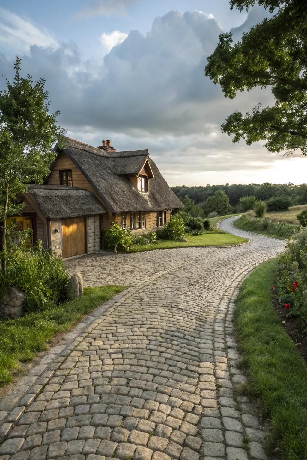 Cobbled pathways add rustic charm.