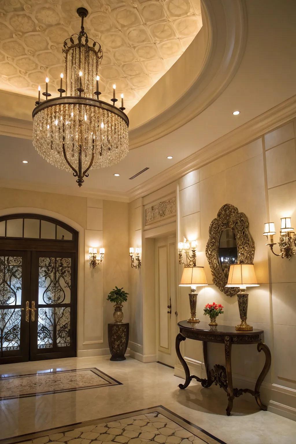 Layered lighting adds depth to this elegant foyer.