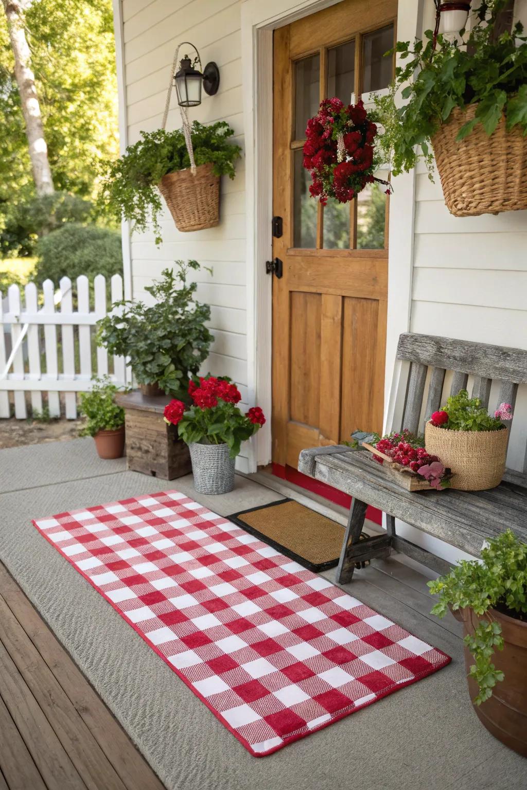 Nostalgic gingham doormat enhancing country charm.