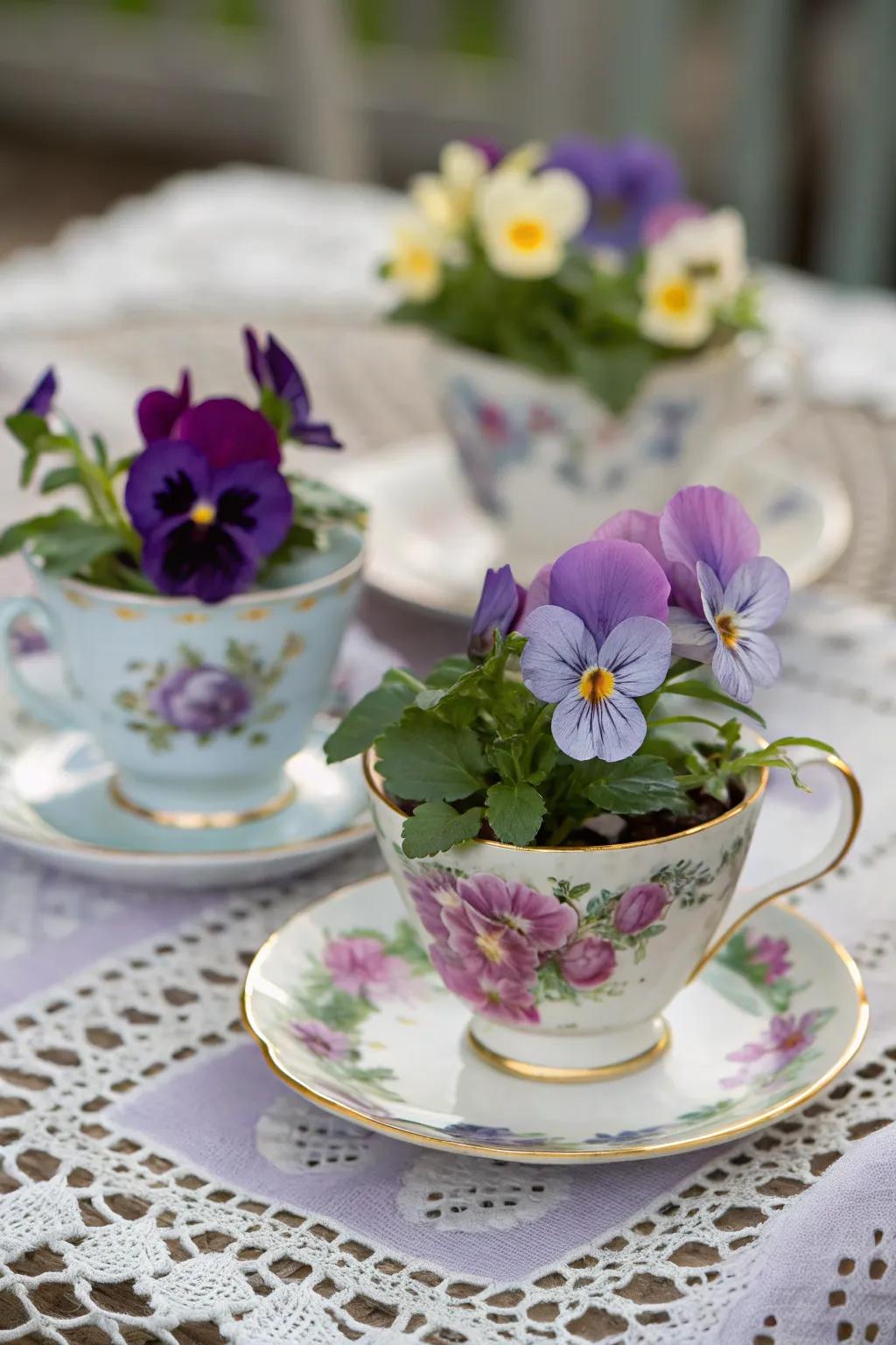 Dainty tea cup floral arrangements.