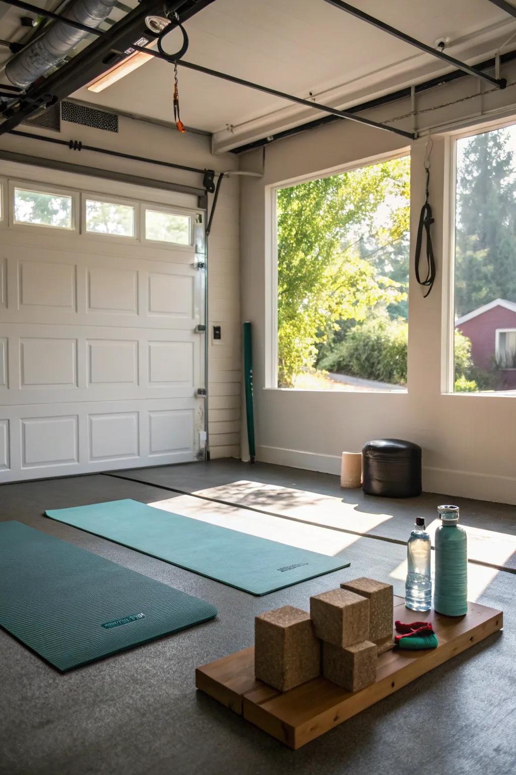 A dedicated yoga and stretching zone offers a tranquil space for mindfulness.