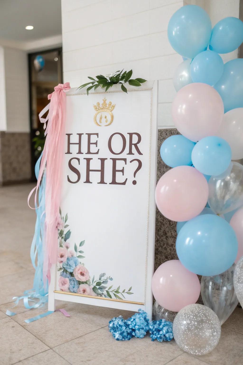 Chic signage infusing sophistication into the gender announcement theme.