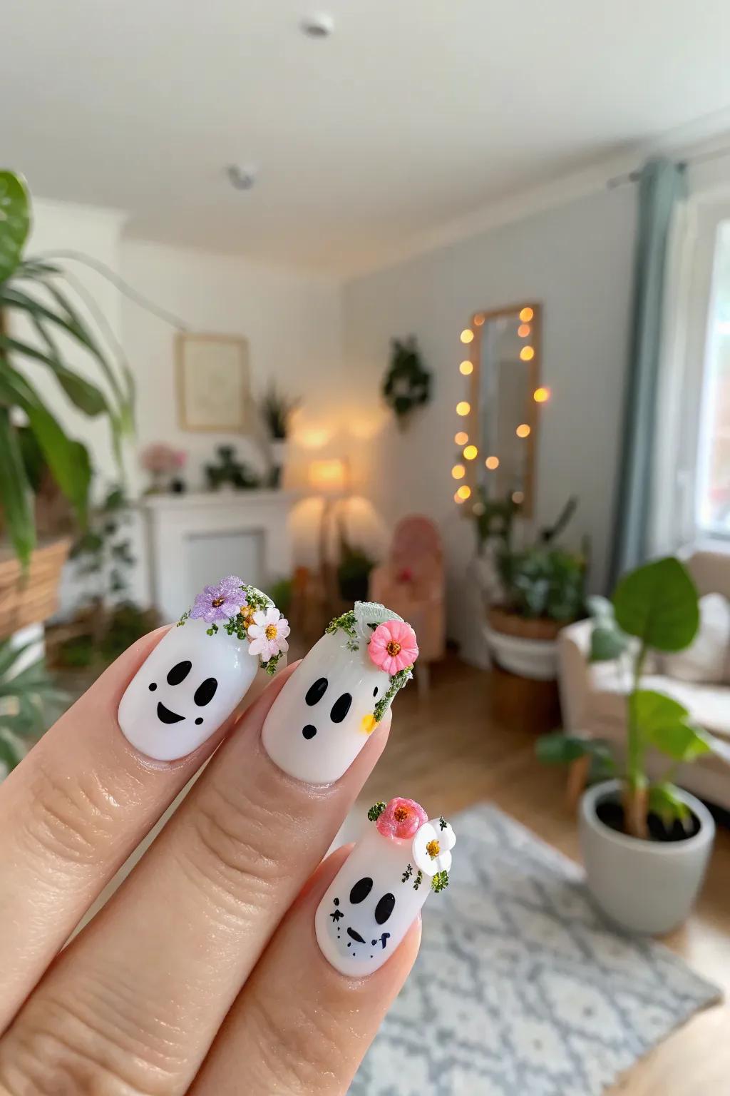 Whimsical ghost faces with floral accents