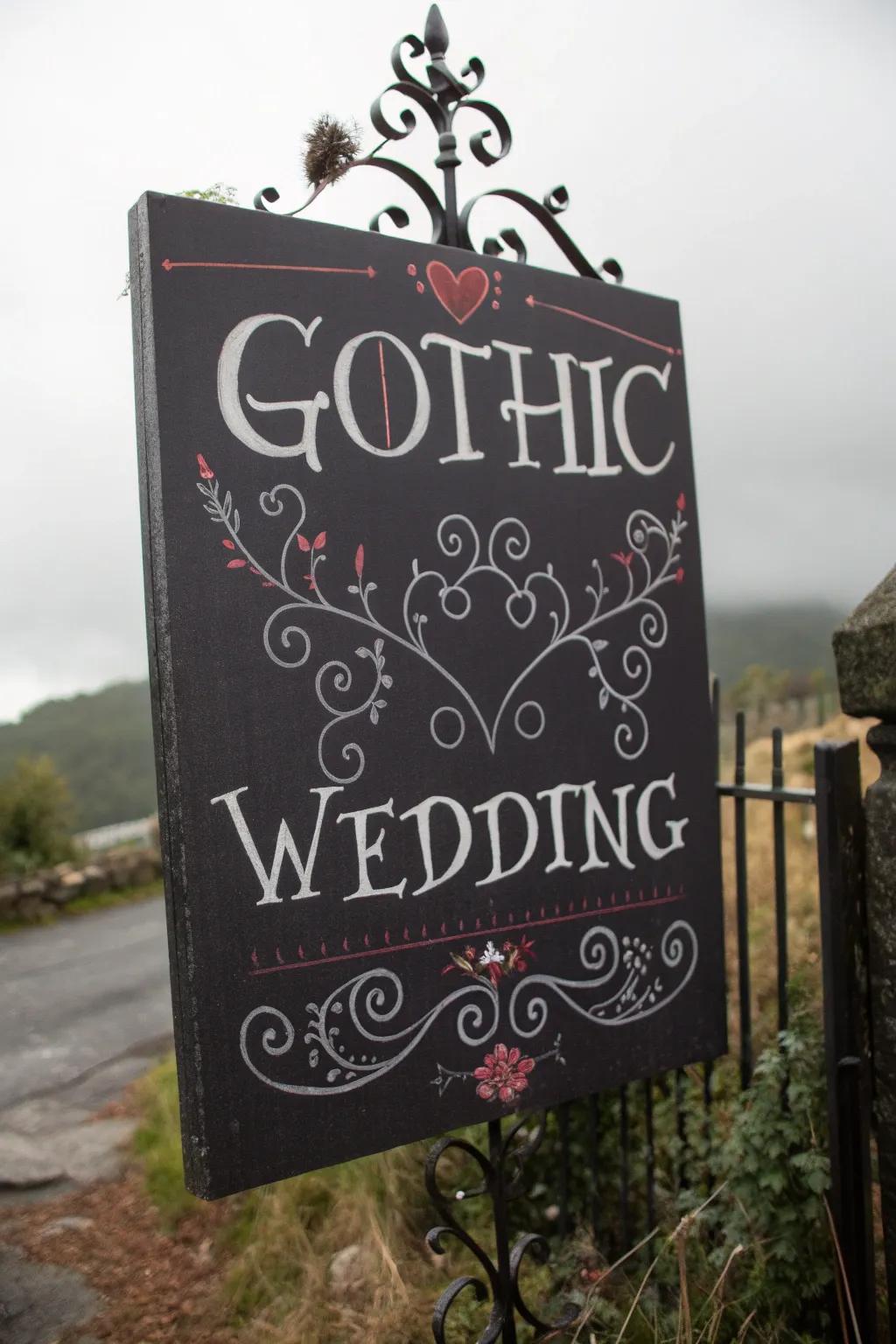 Gothic wedding signage with whimsical quotes.