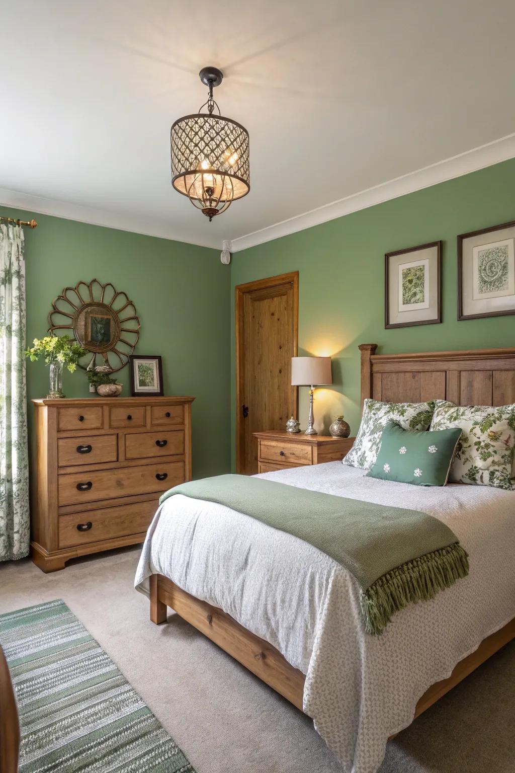 Green paint revitalizes this bedroom, conjuring a vibrant and welcoming ambiance.
