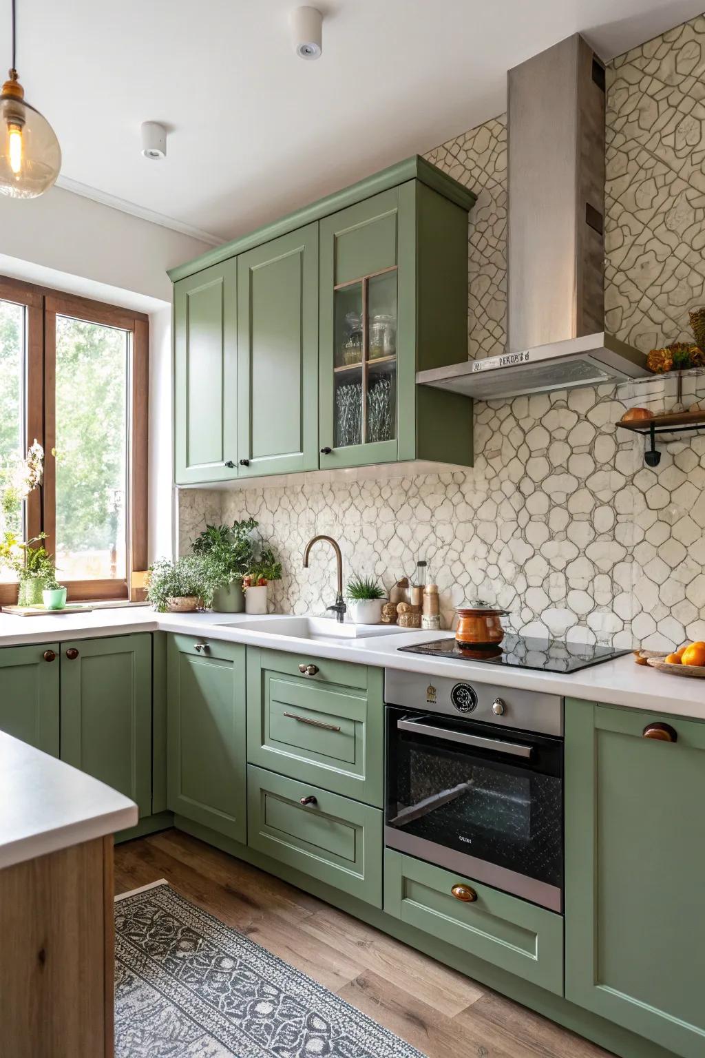 Textured tiles adding depth and interest to a green kitchen.