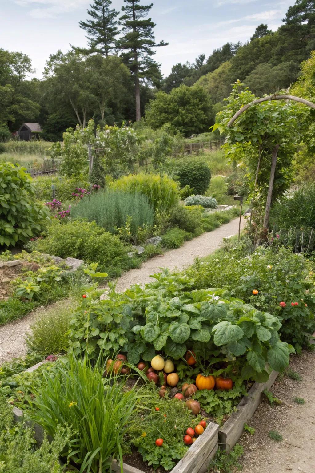 An edible landscape marrying aesthetics with practical herb and fruit plantings.