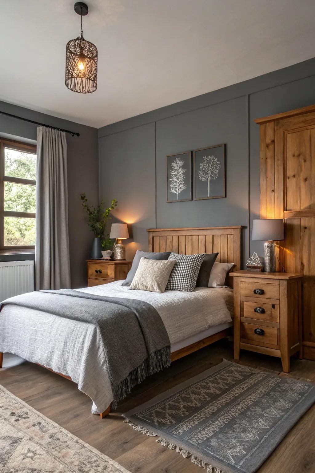 Warm timber tones complement the grey feature wall.