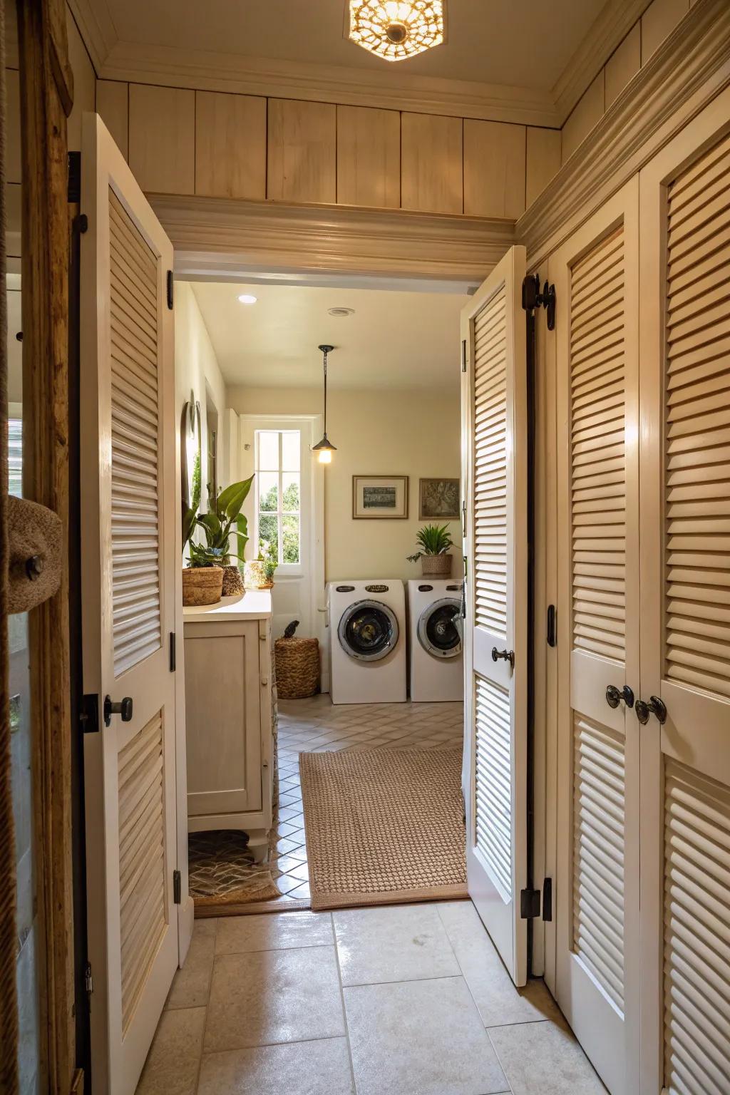 Louvered doors add vintage charm and functionality to a hallway laundry room.